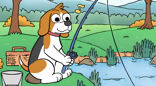 Bruno the dog fishing at a lake