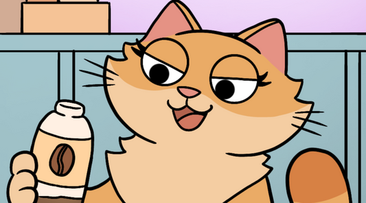 A cat drinking coffee in the afternoon which keeps her awake