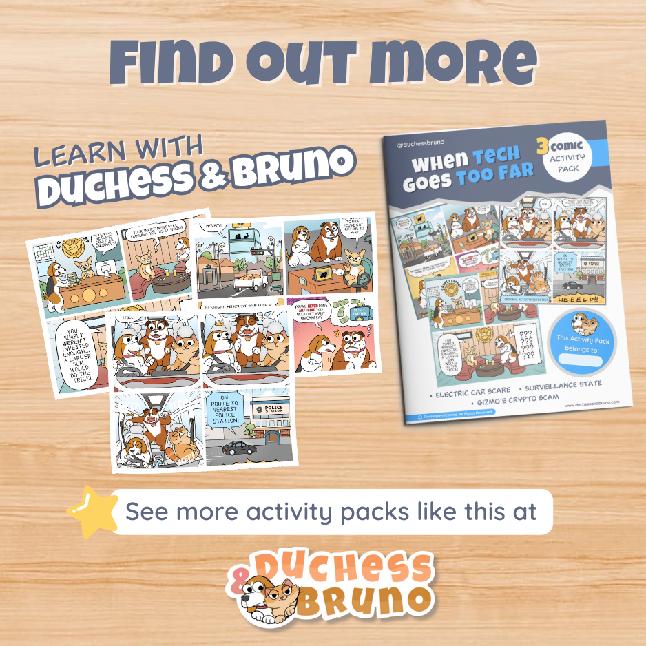 Learn with Duchess and Bruno, showing When Tech Goes Too Far pages with a prompt to find more activity packs