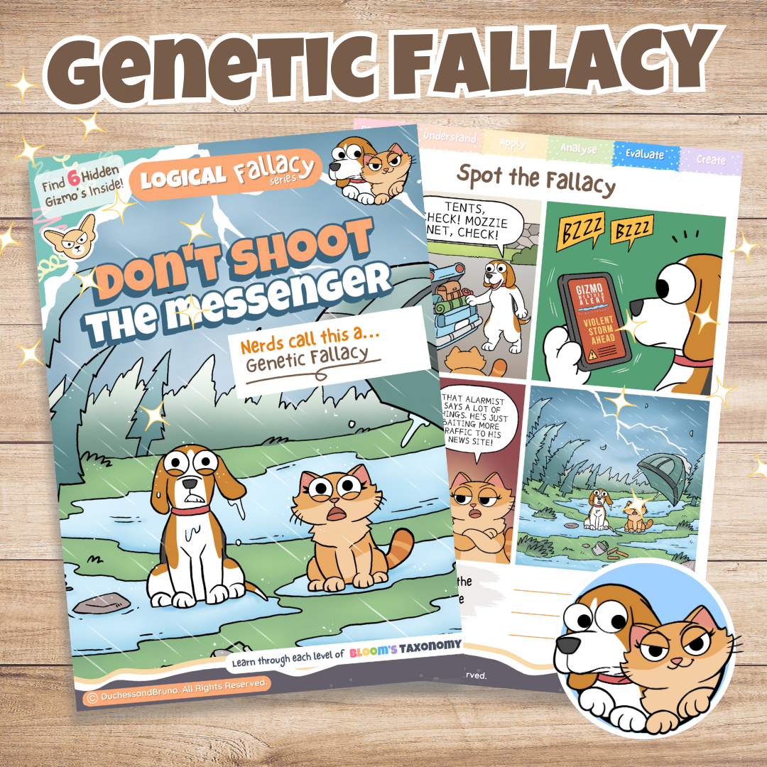 Genetic logical fallacy activity pack cover showing cartoon dog and cat characters with the tagline Don't Shoot the Messenger, digital download