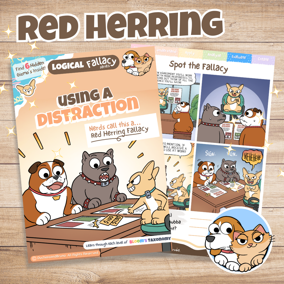 Red herring logical fallacy activity pack cover showing cartoon dog characters with the tagline Using a Distraction, digital download