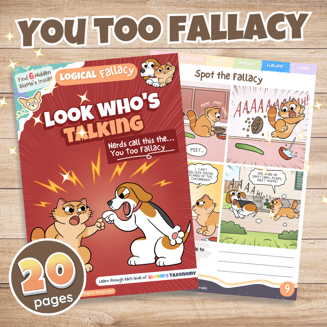 You Too logical fallacy activity pack cover showing cartoon cat and dog characters with the tagline Look Who's Talking, digital download