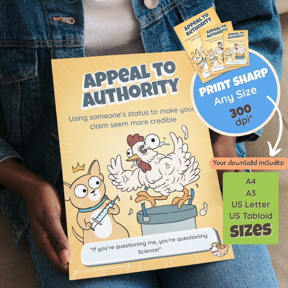 Someone holding the printed Appeal to Authority poster, with a note that the download includes A4, A3, US Letter and US Tabloid sizes at 300 dpi
