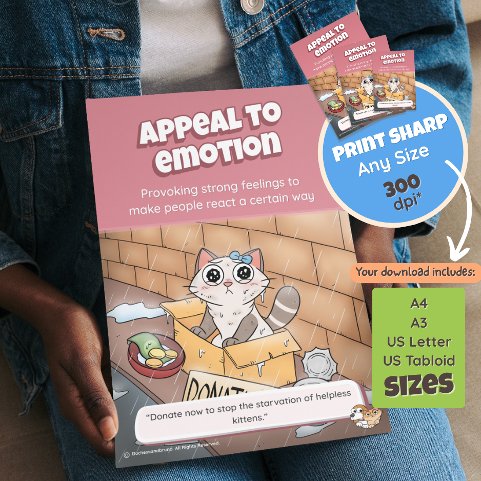 Someone holding the printed Appeal to Emotion poster, with a note that the download includes A4, A3, US Letter and US Tabloid sizes at 300 dpi