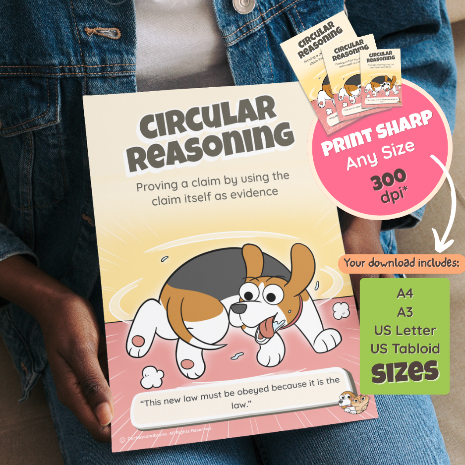 Someone holding the printed Circular Reasoning poster, with a note that the download includes A4, A3, US Letter and US Tabloid sizes at 300 dpi