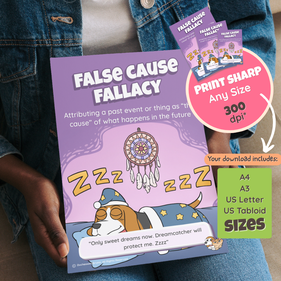 Someone holding the printed False Cause poster, with a note that the download includes A4, A3, US Letter and US Tabloid sizes at 300 dpi