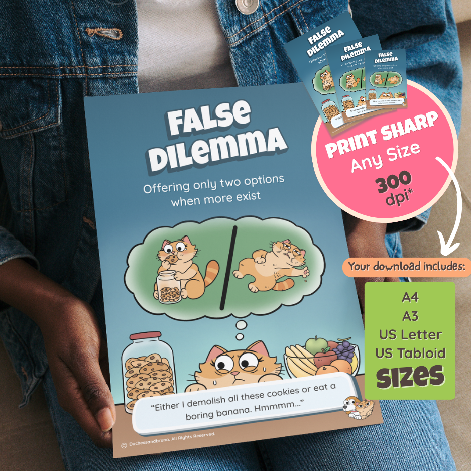 Someone holding the printed False Dilemma poster, with a note that the download includes A4, A3, US Letter and US Tabloid sizes at 300 dpi
