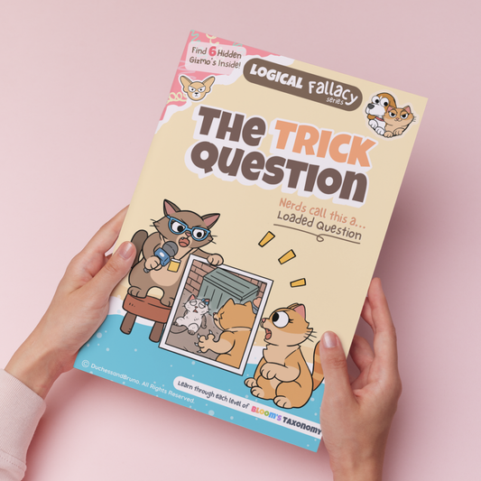 Hand holding a printed copy of the Loaded Question logical fallacy activity pack showing the cover and print quality