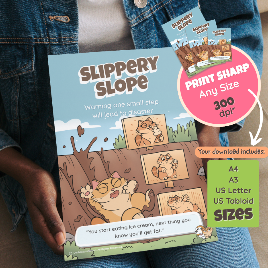 Someone holding the printed Slippery Slope poster, with a note that the download includes A4, A3, US Letter and US Tabloid sizes at 300 dpi