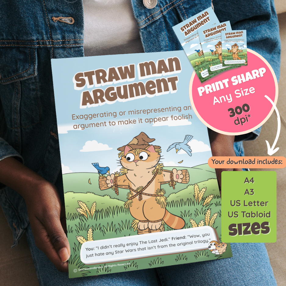Someone holding the printed Straw Man Argument poster, with a note that the download includes A4, A3, US Letter and US Tabloid sizes at 300 dpi