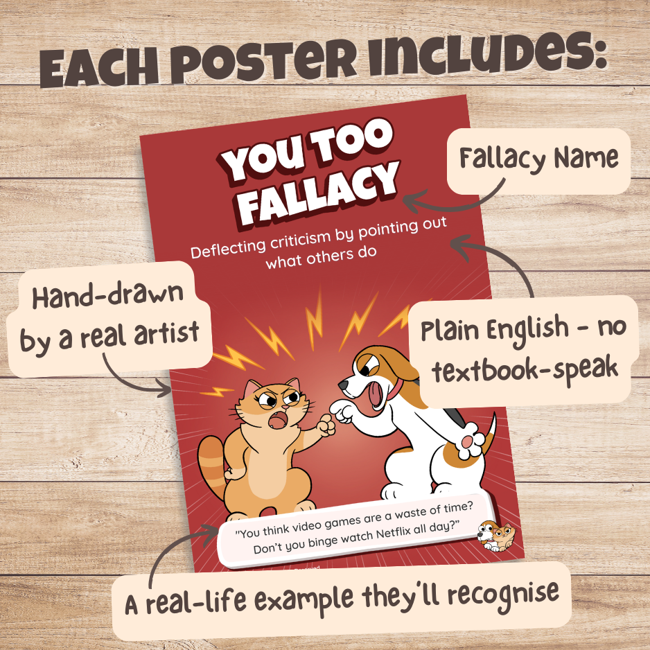 You Too Fallacy poster with labels pointing out the fallacy name, plain English definition, hand-drawn artwork and real-life example