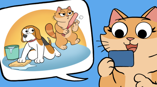 Duchess the cat grins excitedly at her phone while a speech bubble shows Bruno the dog sitting sheepishly next to a spilled bucket as Duchess looms over him with a bat