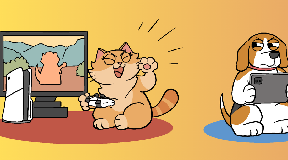 Duchess the cat celebrates triumphantly with a game controller while her character wins on the TV screen