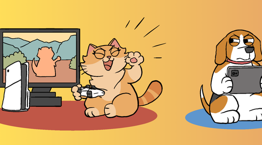 Duchess the cat celebrates triumphantly with a game controller while her character wins on the TV screen