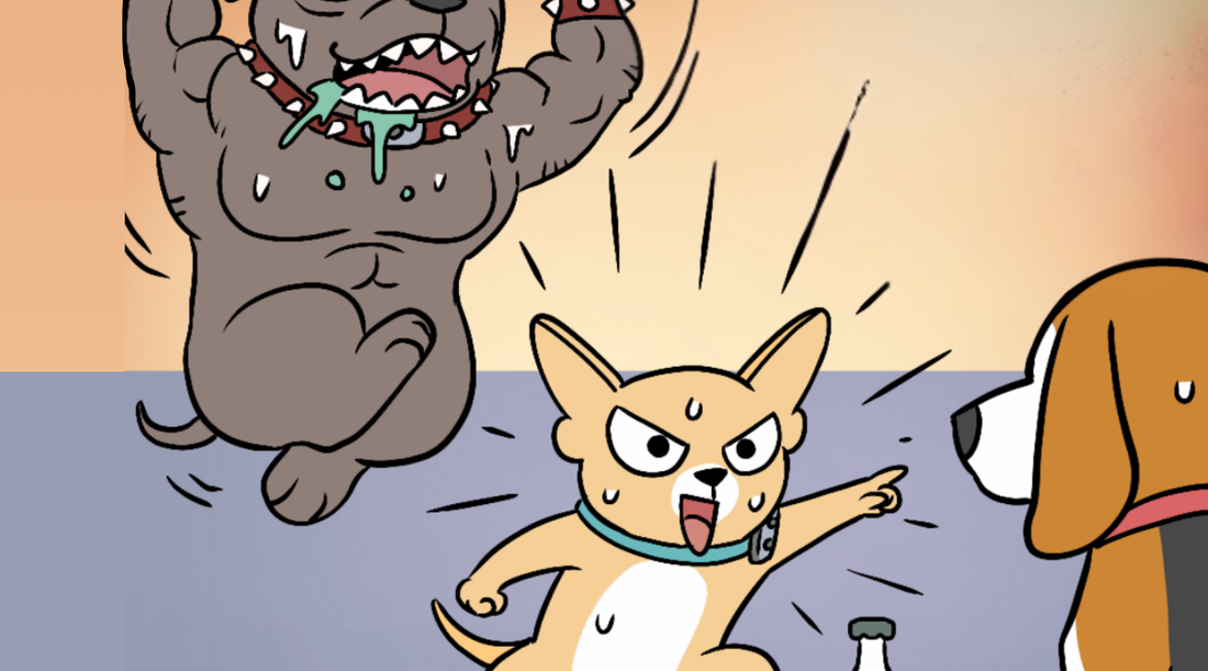 Gizmo points at Bruno as a monstrous Bubba leaps behind them in the Circular Reasoning fallacy comic