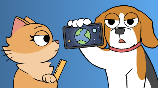 Duchess the cat holds a ruler and eyes Bruno's phone skeptically as he thrusts it in her face showing an image of the Earth in space, illustrating how a cognitive bias 