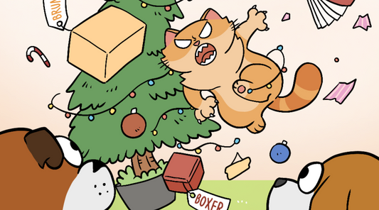 A cat tears down a Christmas tree in a fit of rage while two dogs watch her