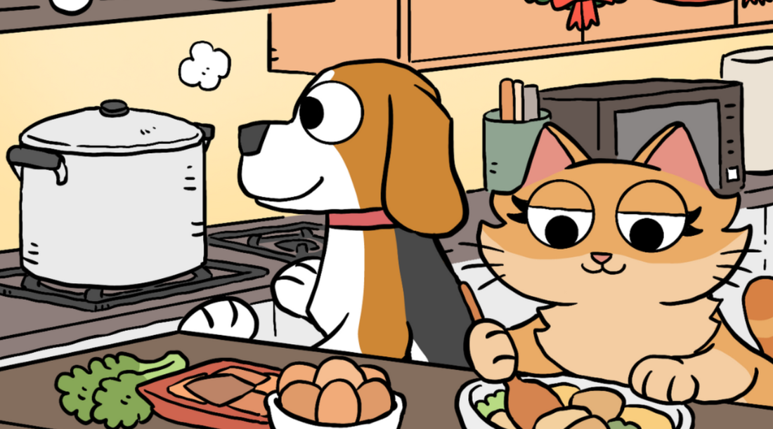 Duchess and Bruno excited about Christmas morning, getting all the food prepared, waiting for Grandma to wake up.