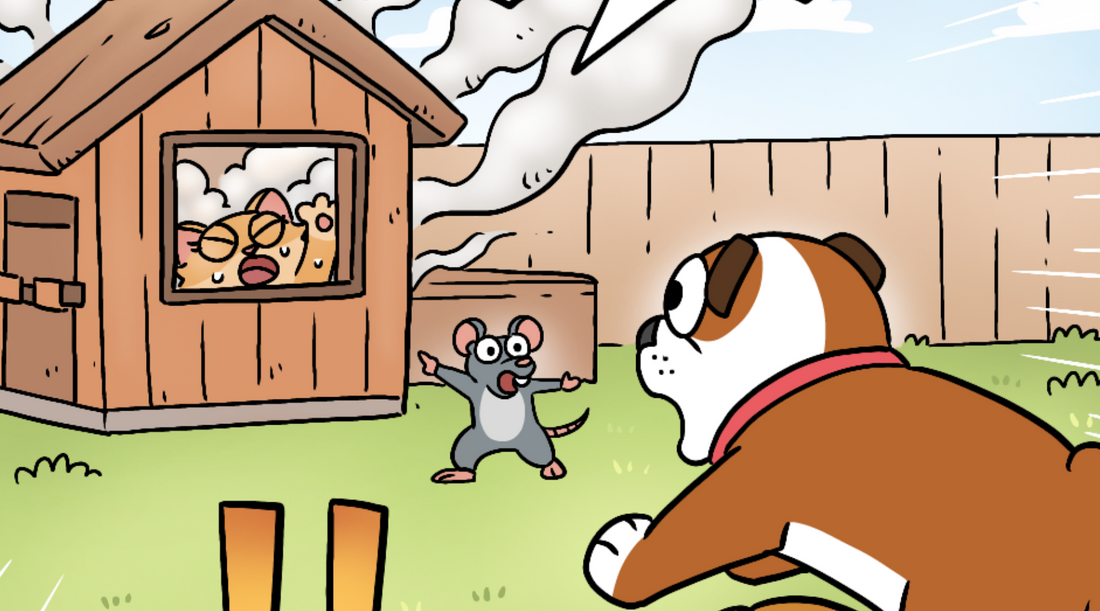 A comic where a cat gets stuck in a sauna and mouse directs two dogs to go rescue her