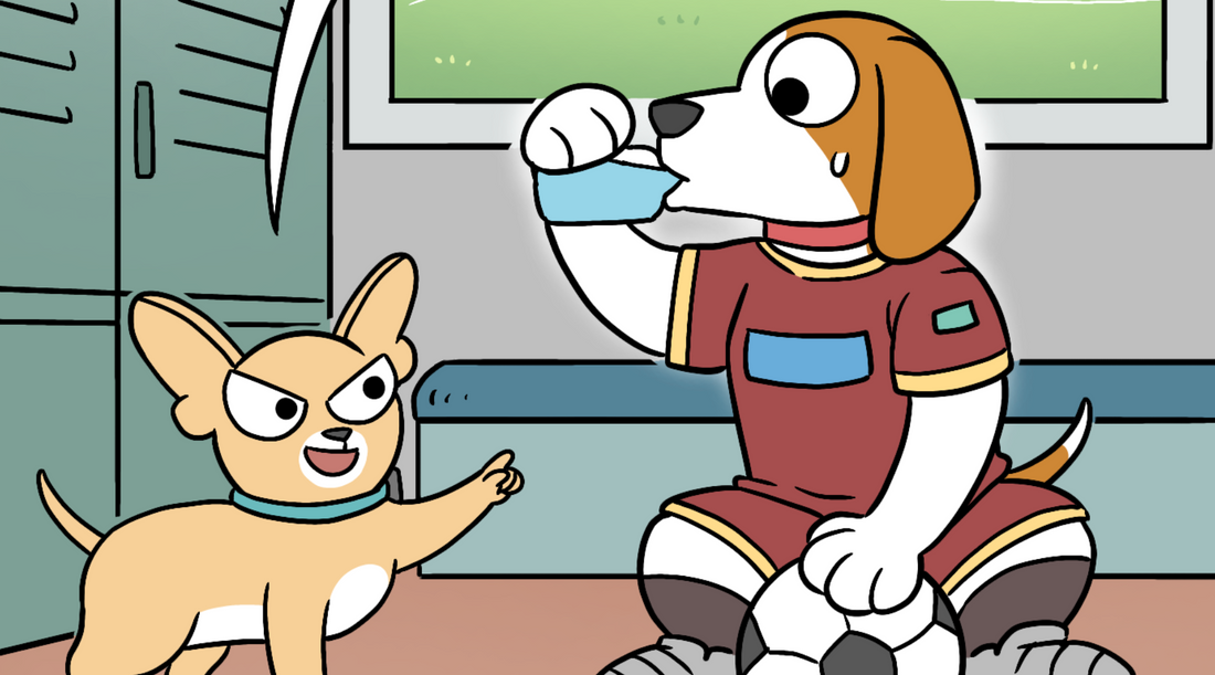 A dog giving a potion as a placebo effect before a game to illustrate the false cause fallacy