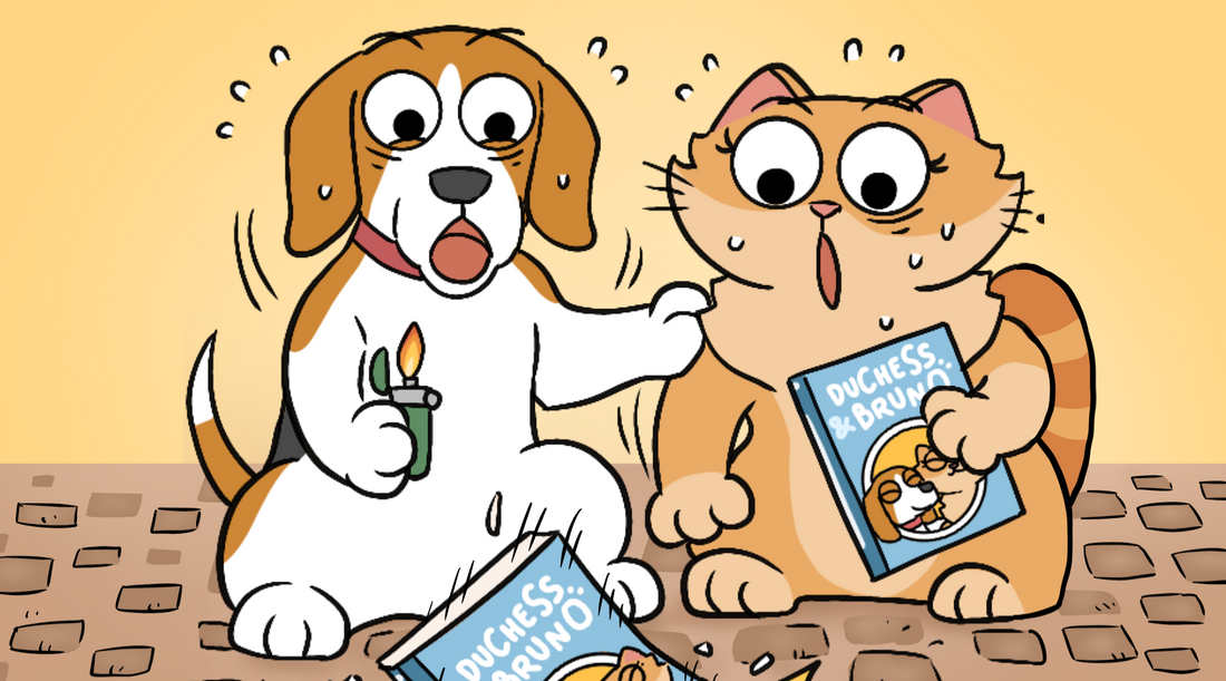 Bruno holds a lighter as Duchess clutches their book both sweating and panicking about what to do