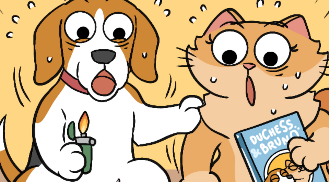 Duchess and Bruno, a cat and dog about to burn their book