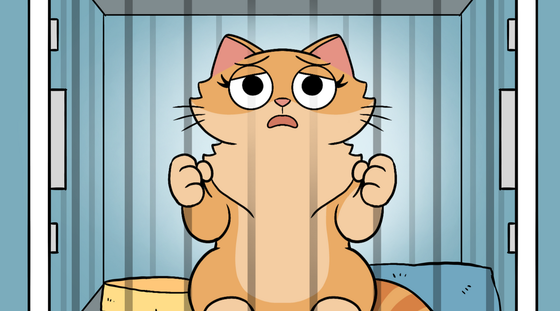 Close-up of Duchess sitting in a vet kennel with her fists clenched, looking distressed and indignant between the cage bars