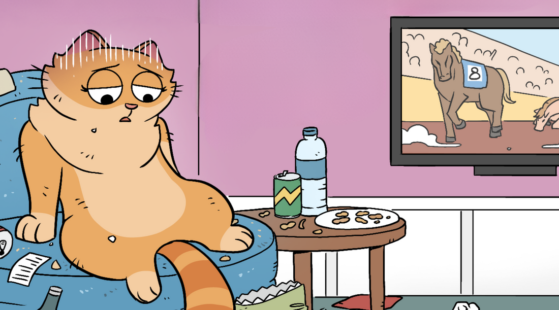 Duchess sits sweaty and stressed in a messy armchair surrounded by empty bottles and snack wrappers, watching horse racing on TV with a look of desperate hope