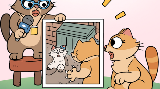 Close-up of a brown cat journalist with blue glasses holding a microphone and a cropped photo, confronting Duchess with the loaded question "So what made you decide to assault a helpless kitten?"