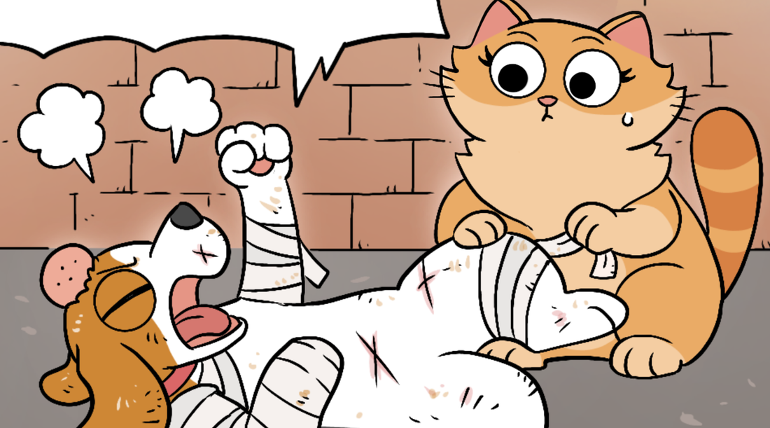 Close-up of Bruno the beagle wrapped head to toe in bandages, fist raised defiantly, with Duchess the cat looking on nervously in a brick alley