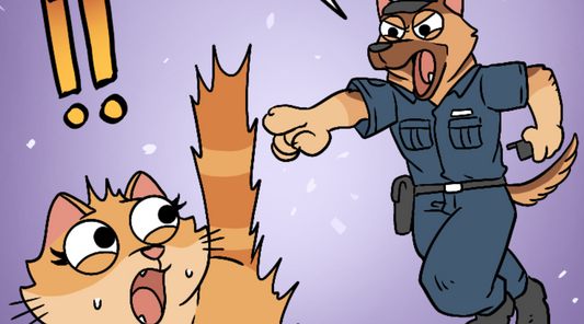 A cat walking past a police officer feeling paranoid that she has done something wrong