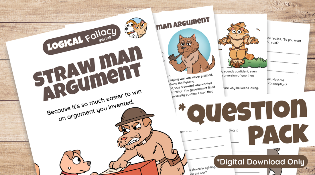 Straw Man Argument Fallacy Question Pack showing how straw mans can be used to shame people into supporting conscription