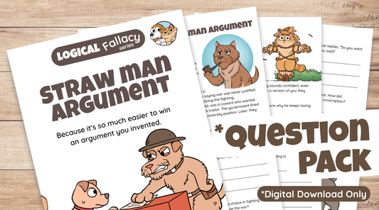 Straw Man Argument Fallacy Question Pack showing how straw mans can be used to shame people into supporting conscription