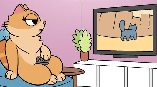Duchess the cat sits on a blue sofa holding a remote, watching a movie featuring a blue cat silhouette on a large TV