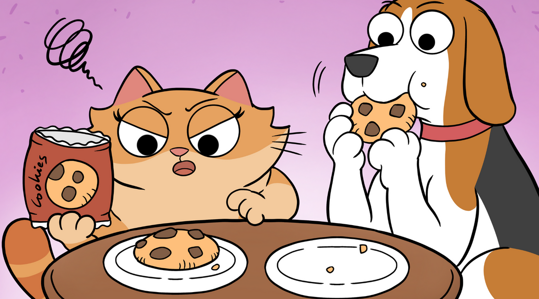 A comic dog and cat named Duchess and Bruno eating cookies