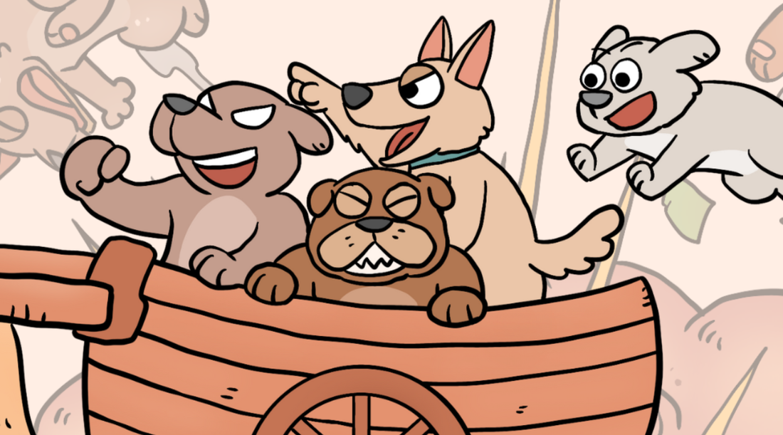 Three cartoon dogs ride together in a wooden bandwagon while a fourth dog leaps eagerly to join them — illustrating the Bandwagon Effect fallacy and the pressure to follow the crowd rather than think independently