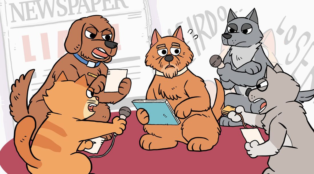 Funny cartoon of angry dogs and cats press conference where journalists angrily attack one calm dog with questions instead of listening – perfect featured image for ad hominem fallacy and personal attack explanation