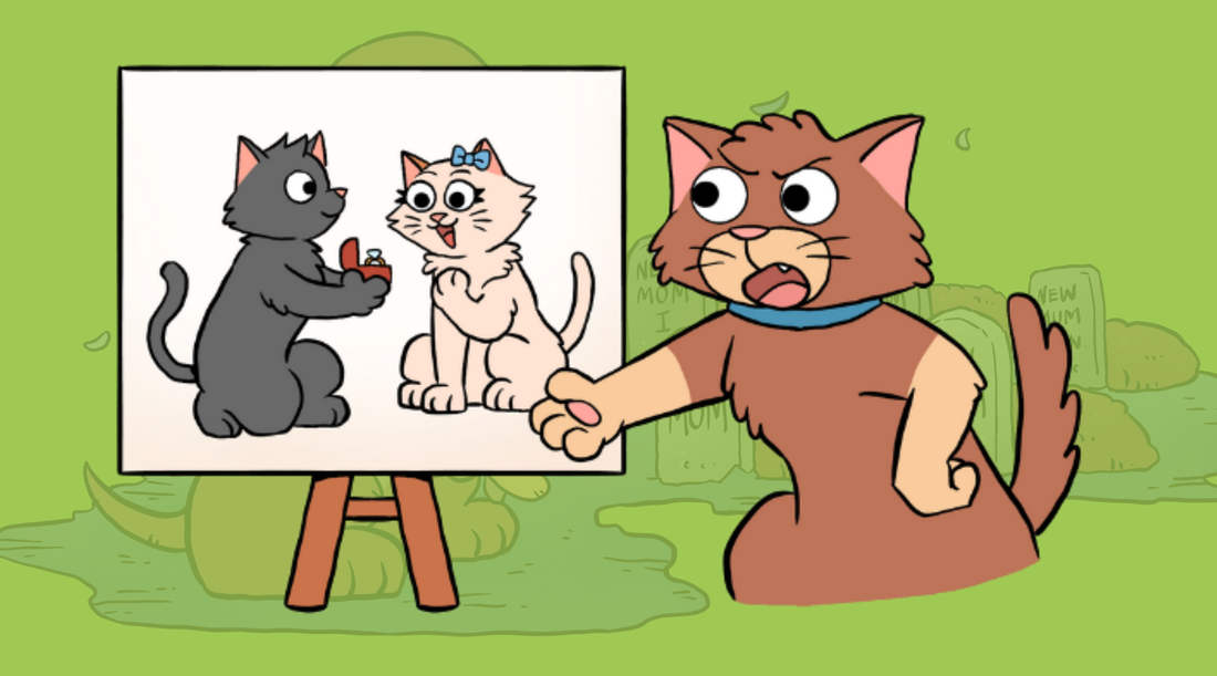 Furious brown cat pointing angrily at easel painting of male cat proposing to female cat – explosive appeal to tradition fallacy illustration rejecting non-traditional marriage proposal
