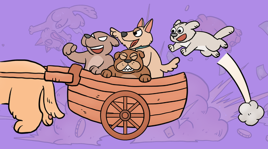 Funny cartoon dogs jumping onto a speeding bandwagon with purple background and toilet paper flying, illustrating the bandwagon effect logical fallacy and herd mentality