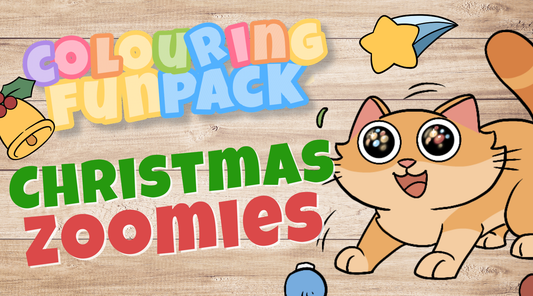 Christmas Zoomies colouring fun pack banner with excited cartoon cat and holiday decorations.