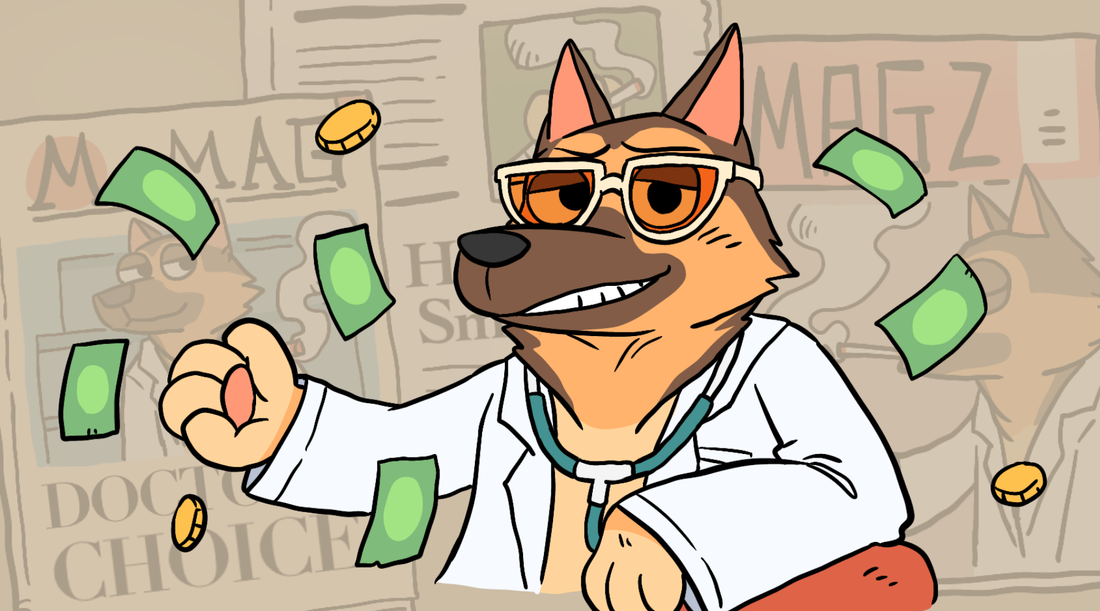 A serious black and white dog wearing a white doctor's coat and a stethoscope, symbolizing the medical authority figure used in the Appeal to Authority fallacy.