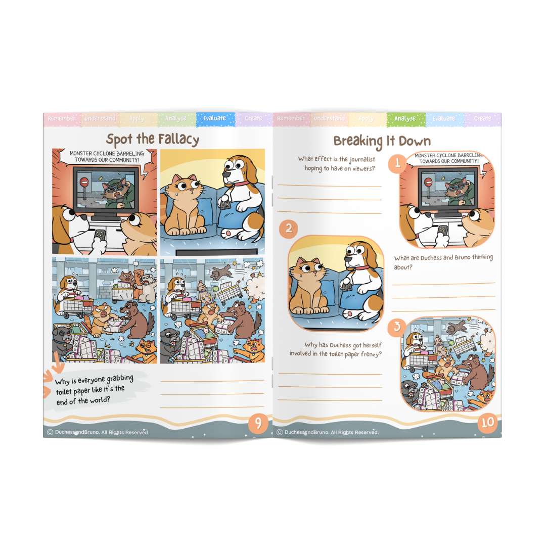 Educational book page with cartoon comic illustrating the bandwagon effect with questions on a white background