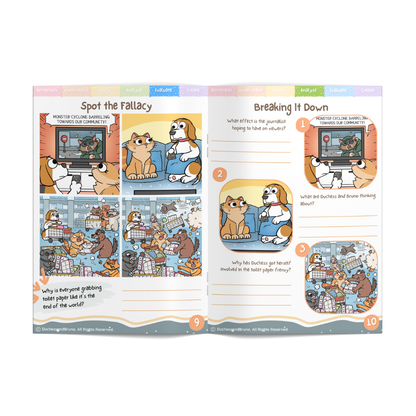 Educational book page with cartoon comic illustrating the bandwagon effect with questions on a white background