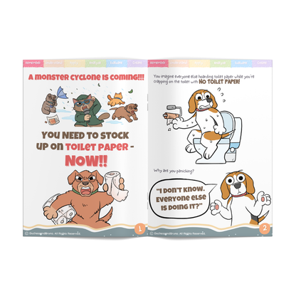 Cartoon-style illustration of dogs with toilet paper and text about a monster cyclone and toilet paper stockup to illustrate the bandwagon effect logical fallacy