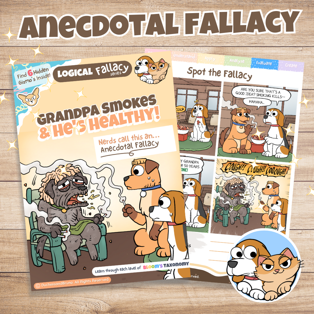 Anecdotal logical fallacy activity pack cover showing cartoon dog characters with the tagline Grandpa Smokes and He's Healthy, digital download