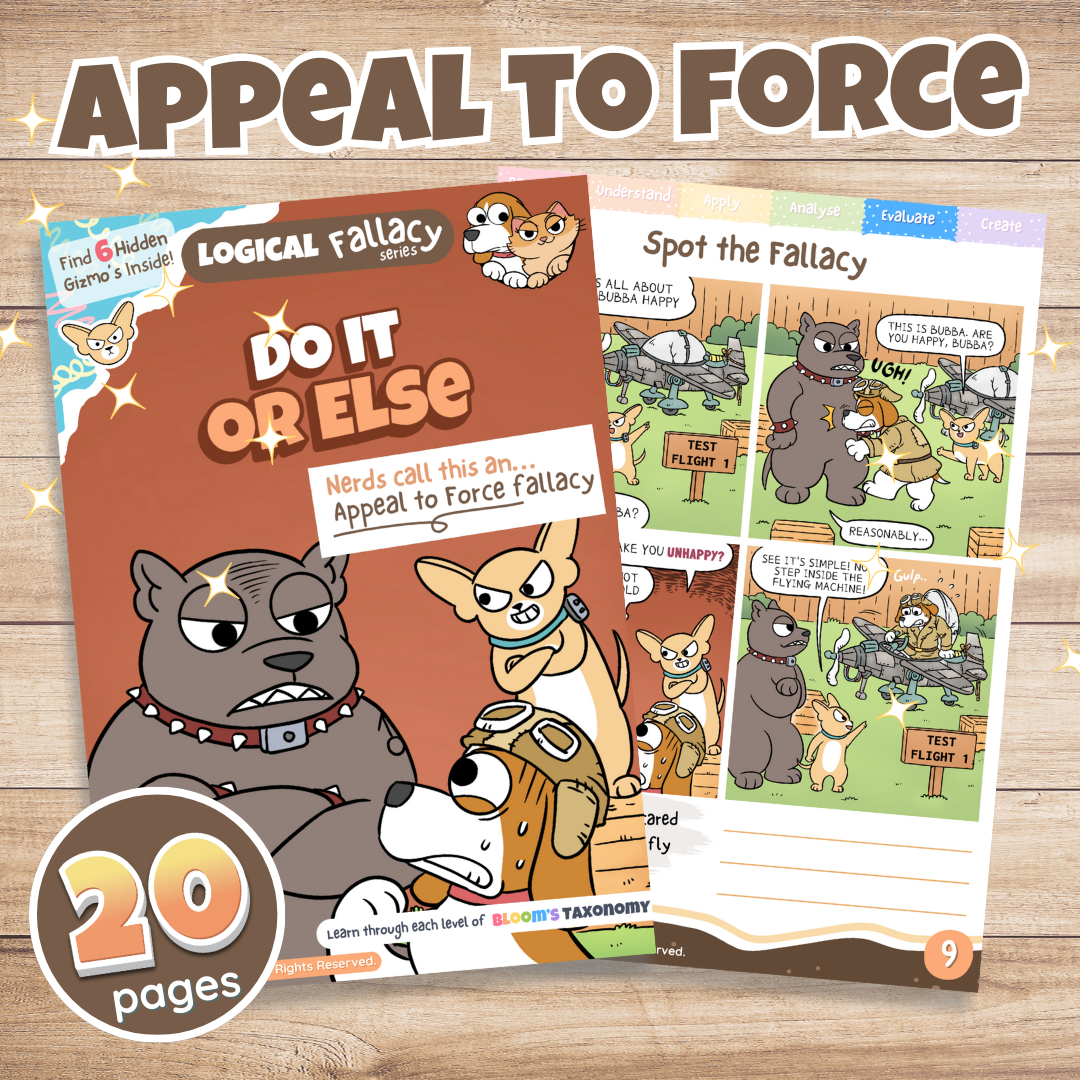 Appeal to Force logical fallacy activity pack cover showing cartoon dog characters with the tagline Do It or Else, Digital Download