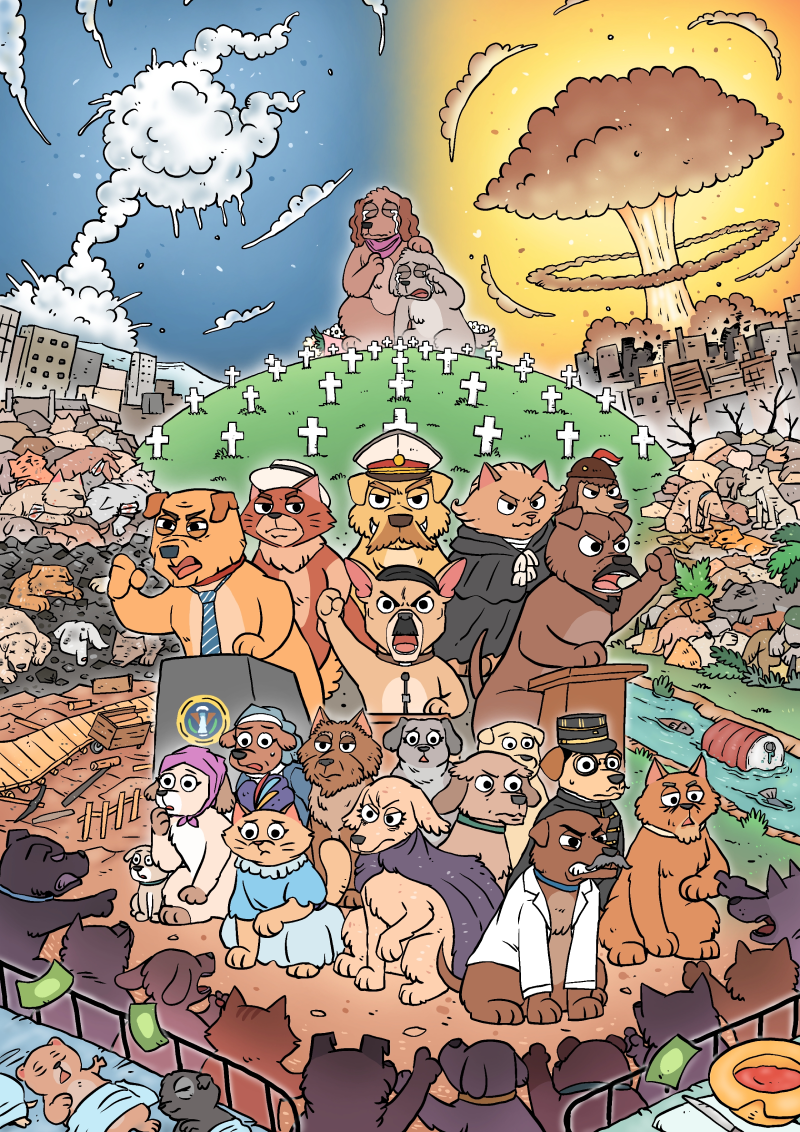 A colourful collage of Duchess and Bruno comics and characters from the logical fallacy packs