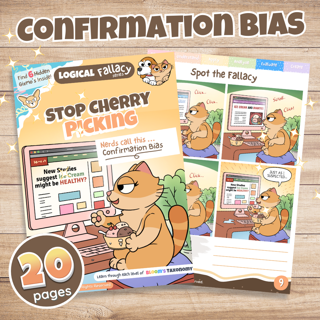Confirmation bias logical fallacy activity pack cover showing cartoon a cat character with the tagline , digital download
