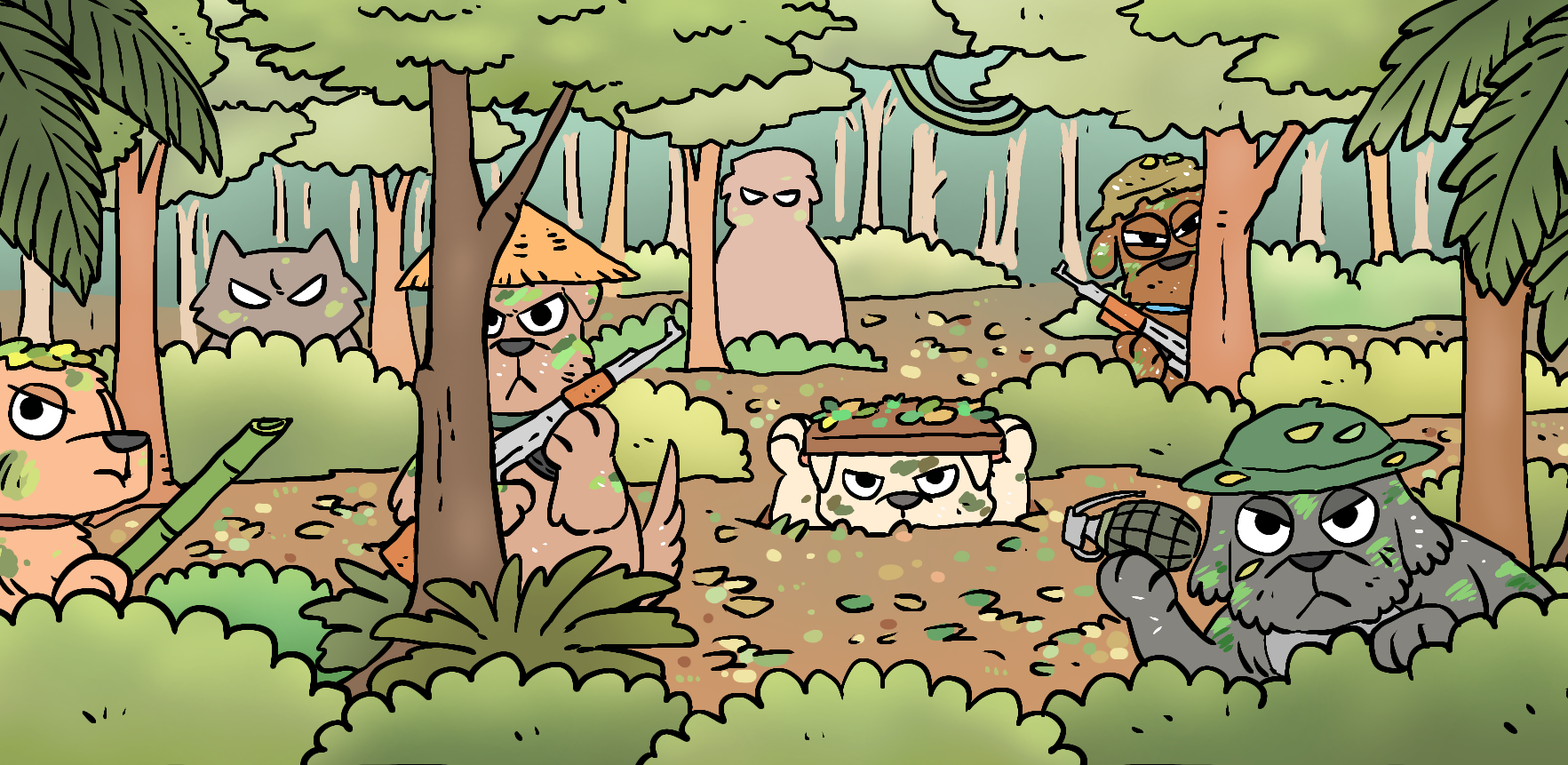 Cartoon-style illustration of animals in a forest setting with one animal holding a bow and arrow, illustrating Vietnamese soldiers during the Vietnam War.