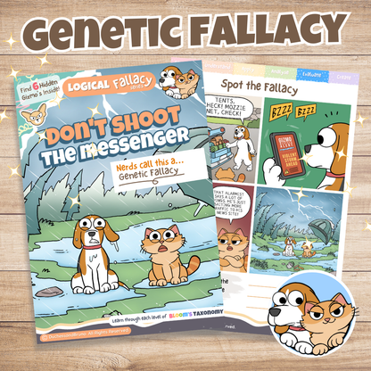 Genetic logical fallacy activity pack cover showing cartoon dog and cat characters with the tagline Don't Shoot the Messenger, digital download